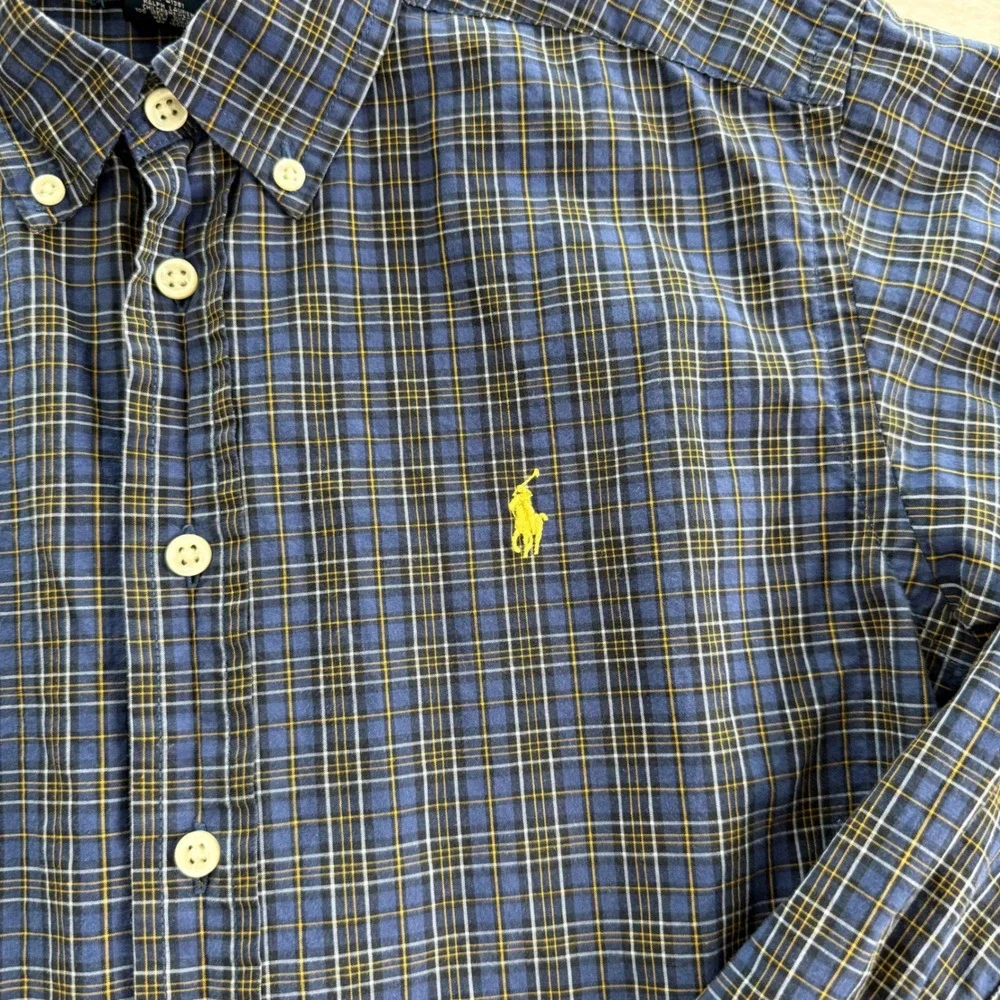 Ralph Lauren Button Down Shirt Kids M 10-12 Blue Plaid Long Sleeve Pony Logo